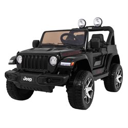 Jeep Wrangler Rubicon Black med 4 x 12V motor, lædersæde og gummihjul.